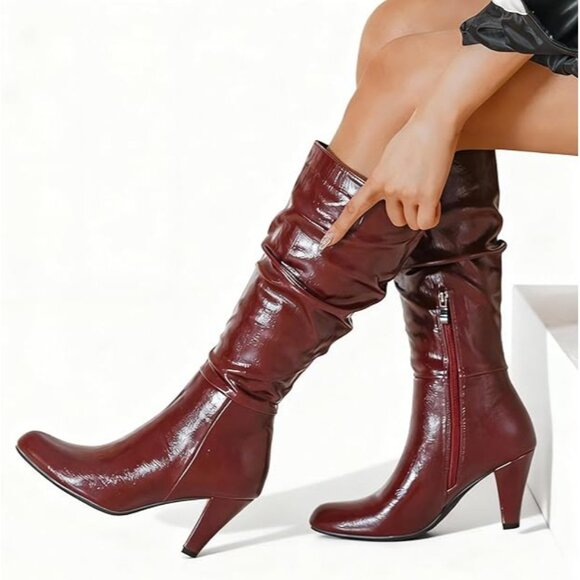 Knee High Boots Heel Pointed Toe Side Zipper Wine Size 9 NEW - Picture 5 of 7